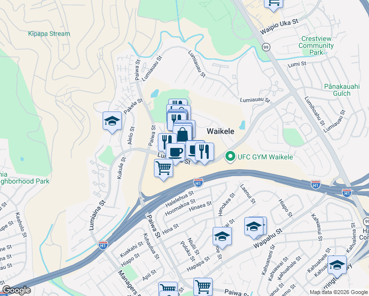 map of restaurants, bars, coffee shops, grocery stores, and more near 94-211 Lumiaina Place in Waipahu