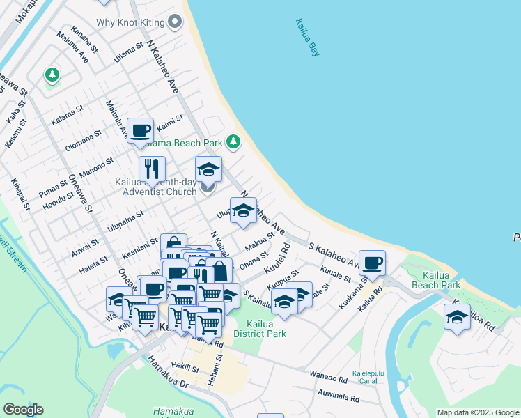 map of restaurants, bars, coffee shops, grocery stores, and more near 110 North Kalaheo Avenue in Kailua