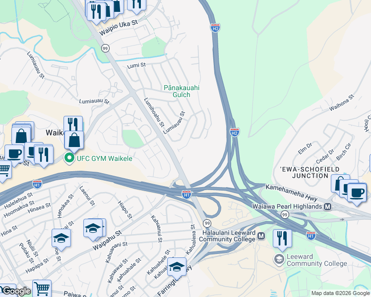 map of restaurants, bars, coffee shops, grocery stores, and more near 94-1041 Lumikula Street in Waipahu
