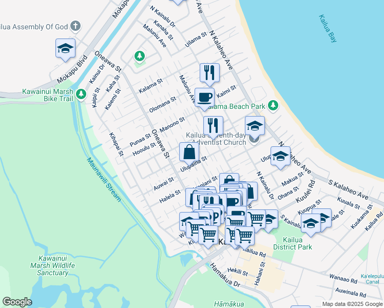 map of restaurants, bars, coffee shops, grocery stores, and more near 355C Hualani Street in Kailua