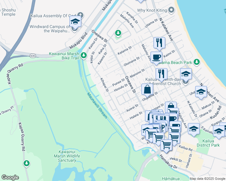 map of restaurants, bars, coffee shops, grocery stores, and more near 628 Punaa Street in Kailua