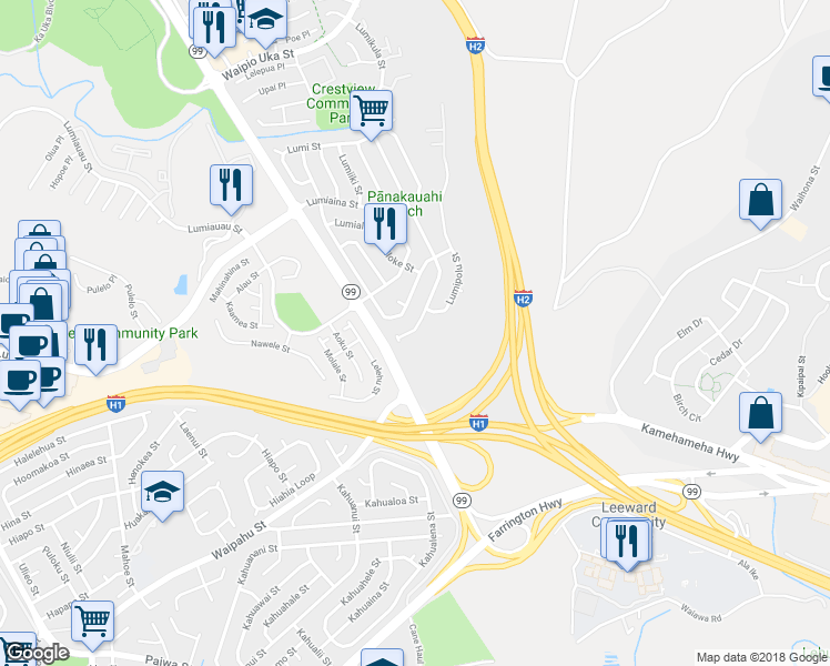 map of restaurants, bars, coffee shops, grocery stores, and more near 94-1054 Lumikula Street in Waipahu