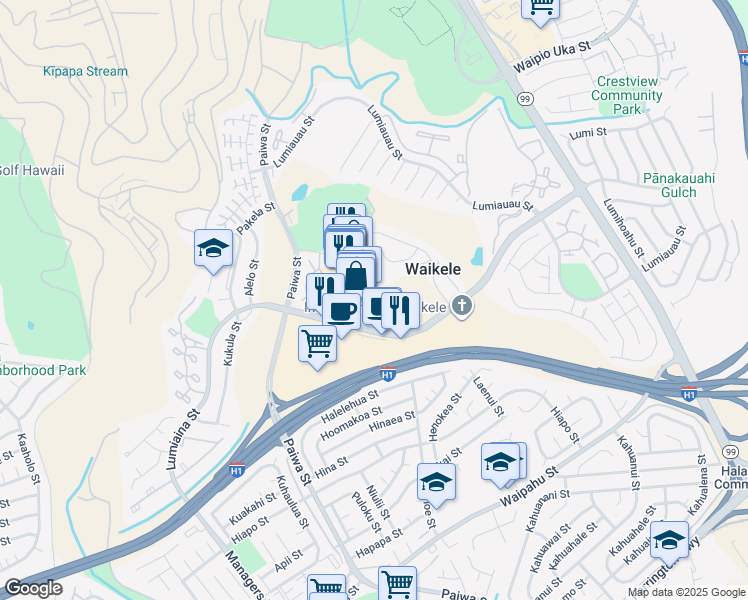 map of restaurants, bars, coffee shops, grocery stores, and more near 94-211 Lumiaina Place in Waipahu