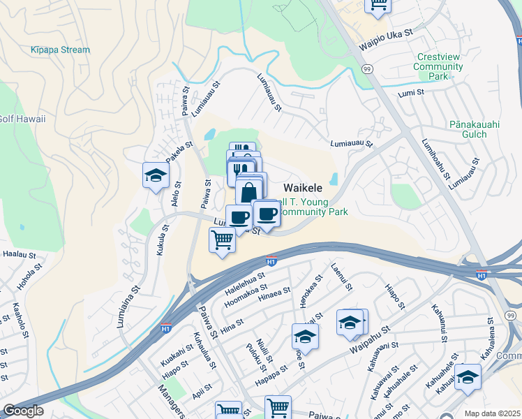 map of restaurants, bars, coffee shops, grocery stores, and more near 94-211 Lumiaina Place in Waipahu