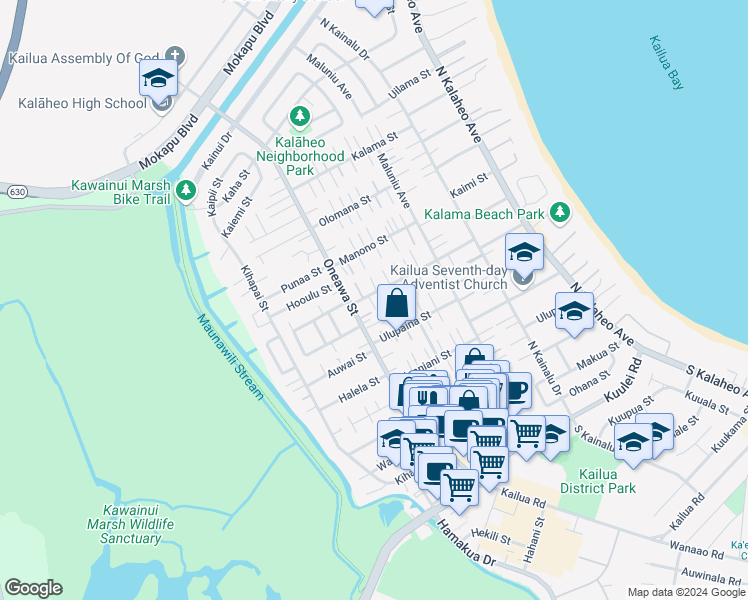 map of restaurants, bars, coffee shops, grocery stores, and more near 433 Hualani Street in Kailua