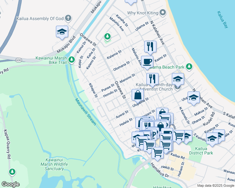 map of restaurants, bars, coffee shops, grocery stores, and more near 519 Oneawa Street in Kailua