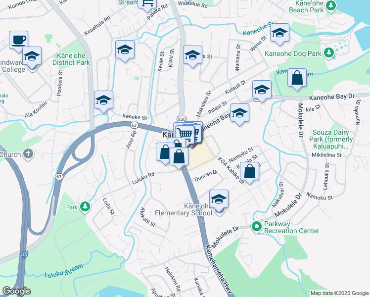 map of restaurants, bars, coffee shops, grocery stores, and more near 45 Kaneohe Bay Drive in Kaneohe
