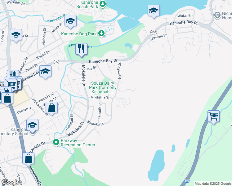 map of restaurants, bars, coffee shops, grocery stores, and more near 45-224 Hikiwale Street in Kaneohe