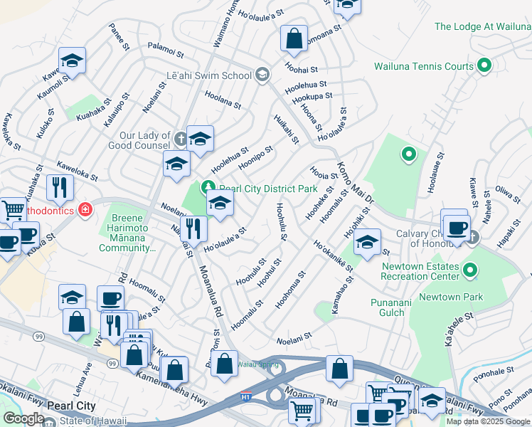 map of restaurants, bars, coffee shops, grocery stores, and more near 703 Hooluu Street in Pearl City