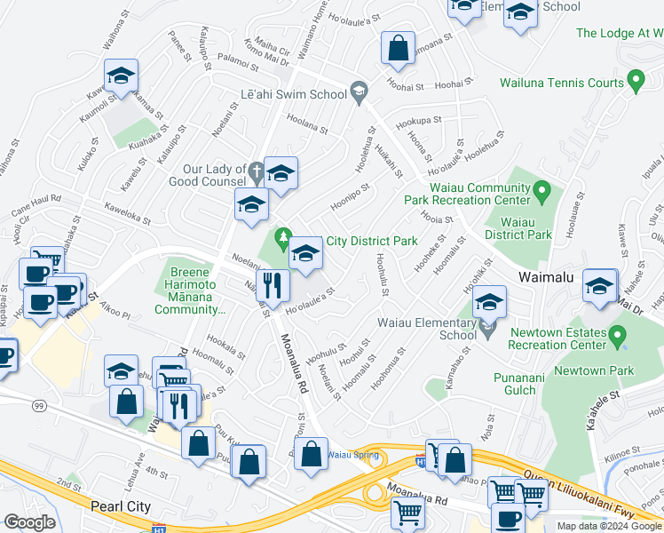 map of restaurants, bars, coffee shops, grocery stores, and more near 744 Hoʻomaʻemaʻe Street in Pearl City