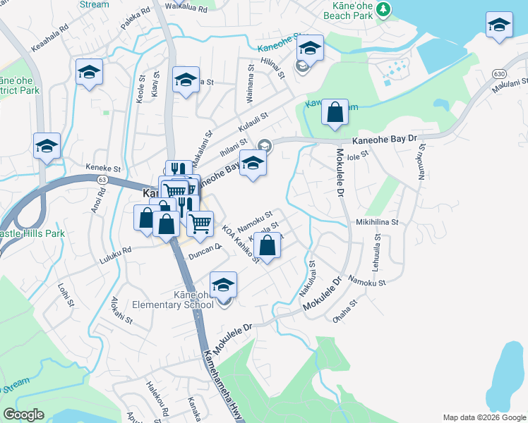 map of restaurants, bars, coffee shops, grocery stores, and more near 45-363 Namoku Street in Kaneohe
