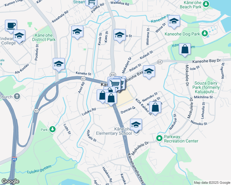 map of restaurants, bars, coffee shops, grocery stores, and more near 45 Kaneohe Bay Drive in Kaneohe