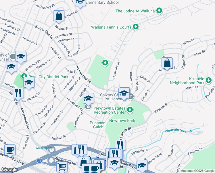 map of restaurants, bars, coffee shops, grocery stores, and more near Kaahumanu Street in Pearl City