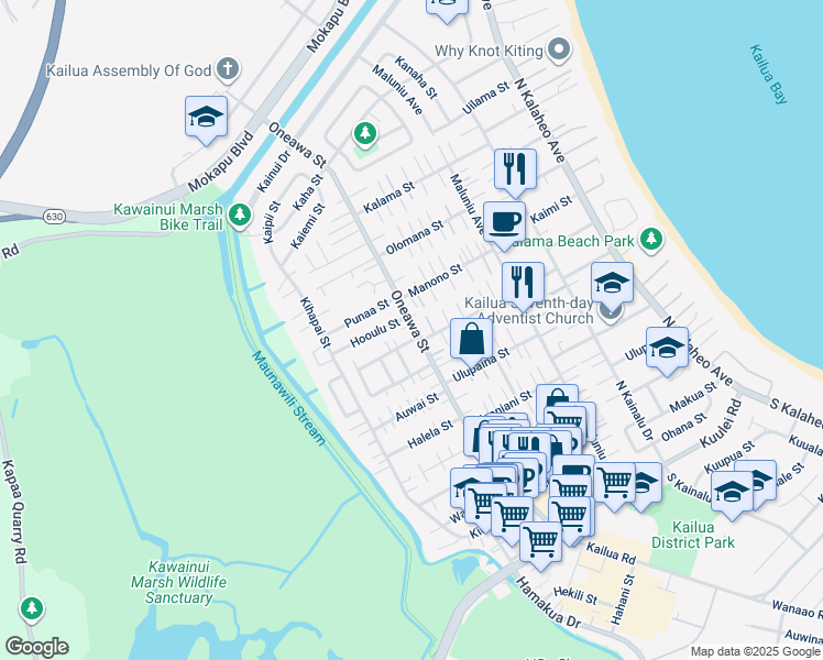 map of restaurants, bars, coffee shops, grocery stores, and more near 519 Oneawa Street in Kailua
