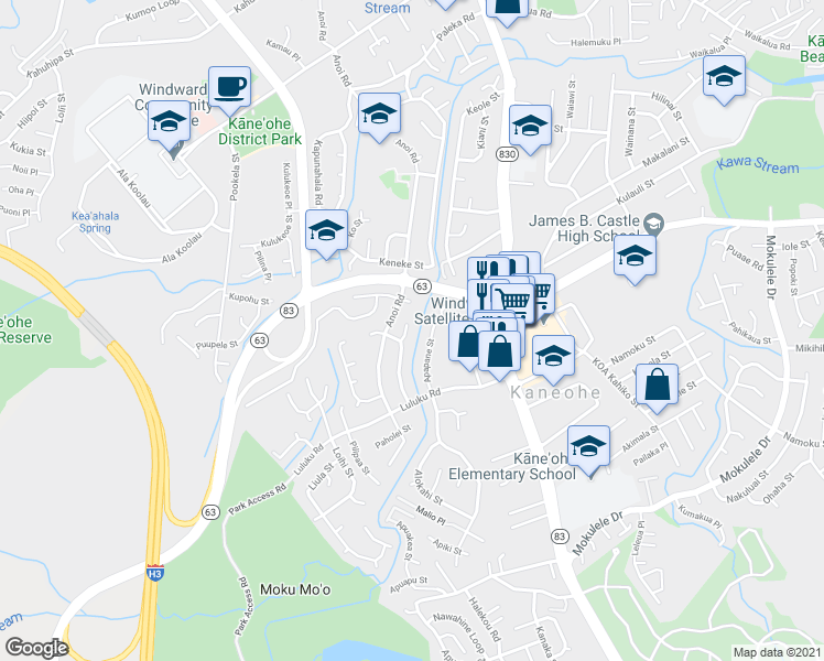 map of restaurants, bars, coffee shops, grocery stores, and more near 45-659 Uhilehua Place in Kaneohe