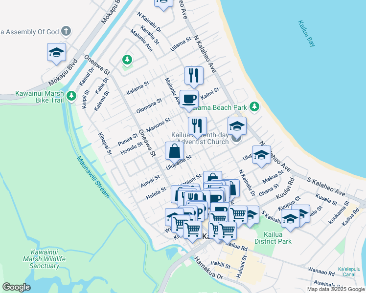 map of restaurants, bars, coffee shops, grocery stores, and more near 355C Hualani Street in Kailua