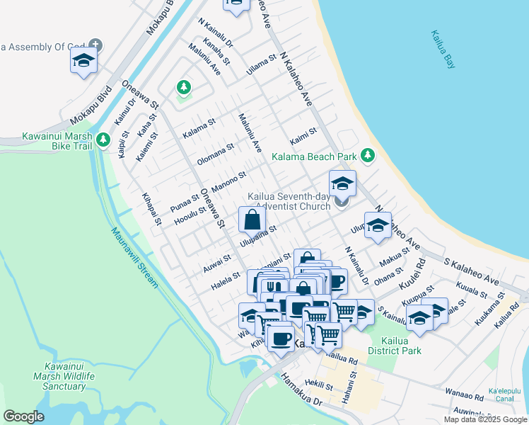 map of restaurants, bars, coffee shops, grocery stores, and more near 355C Hualani Street in Kailua