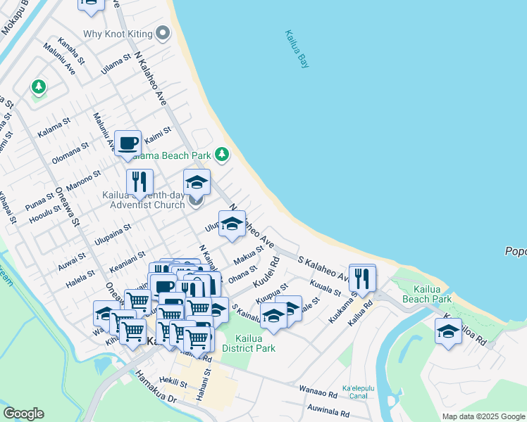 map of restaurants, bars, coffee shops, grocery stores, and more near 110 North Kalaheo Avenue in Kailua