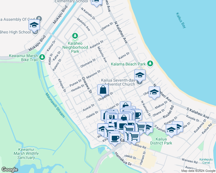 map of restaurants, bars, coffee shops, grocery stores, and more near 355C Hualani Street in Kailua