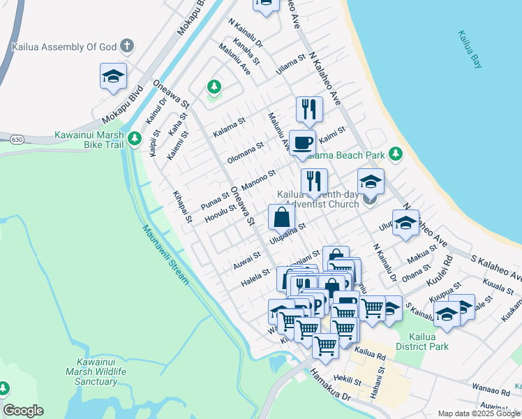 map of restaurants, bars, coffee shops, grocery stores, and more near 433 Hualani Street in Kailua