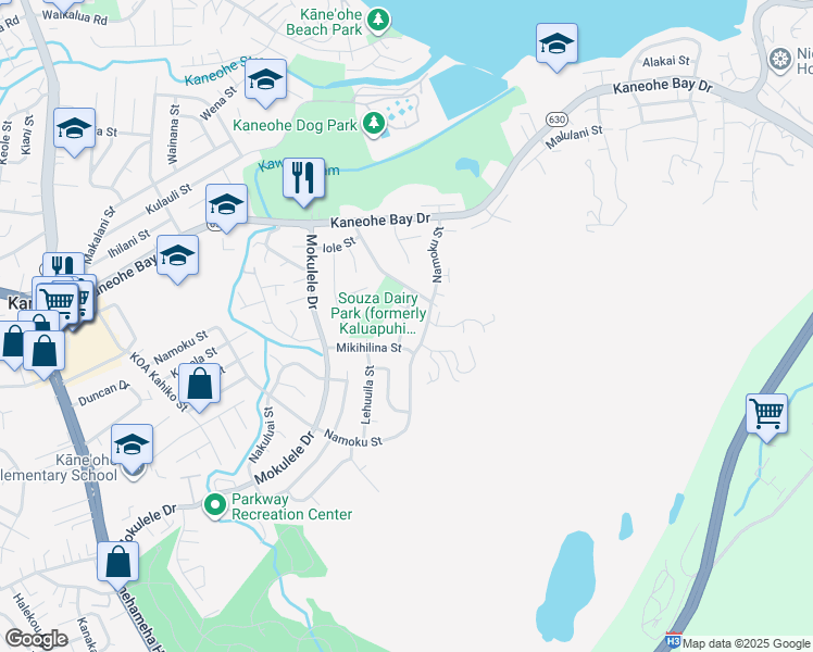 map of restaurants, bars, coffee shops, grocery stores, and more near 45-224 Hikiwale Street in Kaneohe