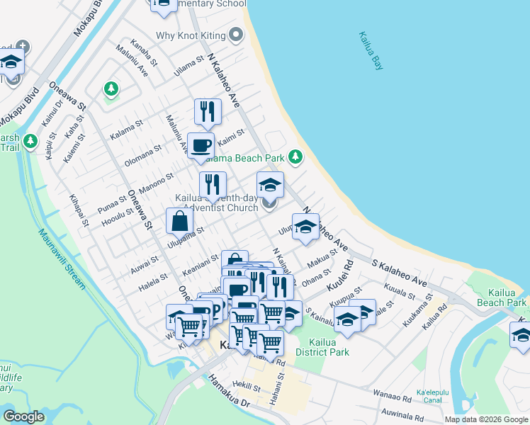 map of restaurants, bars, coffee shops, grocery stores, and more near 170 Mookua Street in Kailua