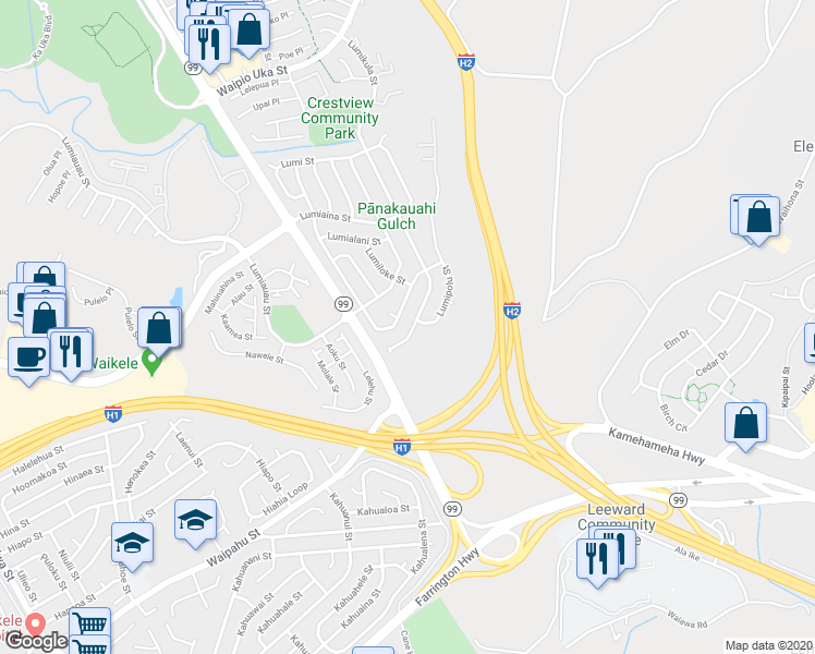 map of restaurants, bars, coffee shops, grocery stores, and more near 94-1054 Lumikula Street in Waipahu