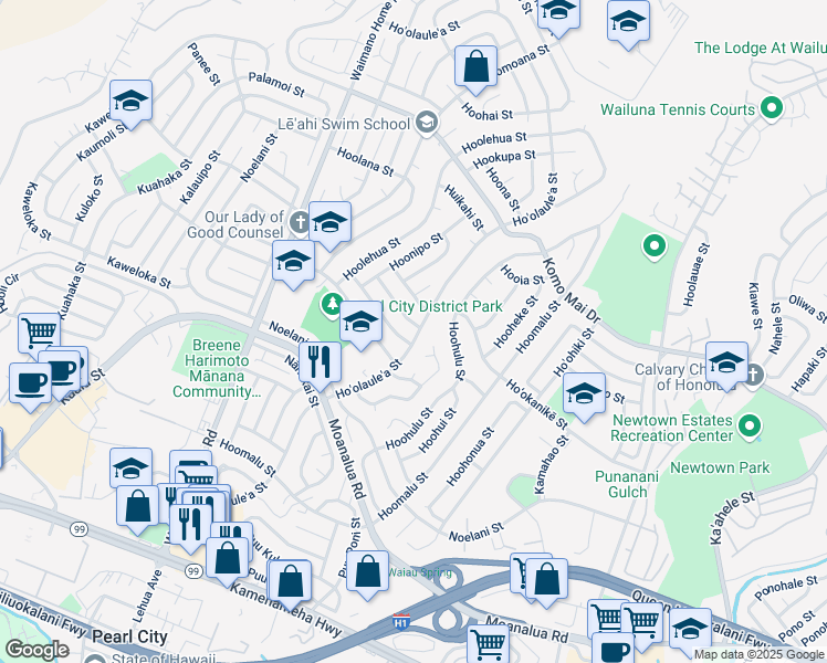 map of restaurants, bars, coffee shops, grocery stores, and more near 703 Hooluu Street in Pearl City