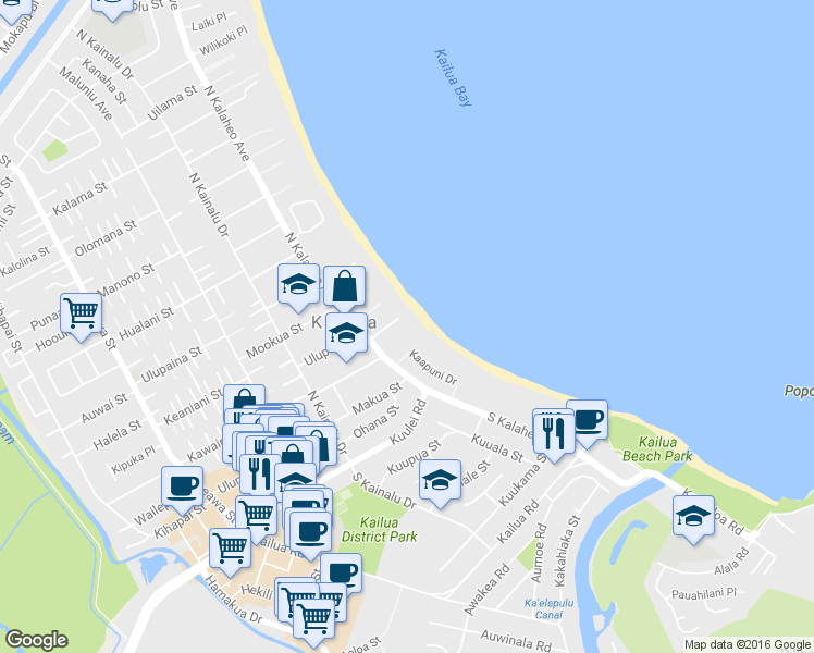 map of restaurants, bars, coffee shops, grocery stores, and more near 110C North Kalaheo Avenue in Kailua