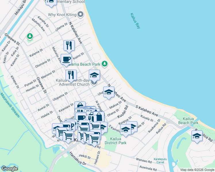 map of restaurants, bars, coffee shops, grocery stores, and more near 165 North Kalaheo Avenue in Kailua