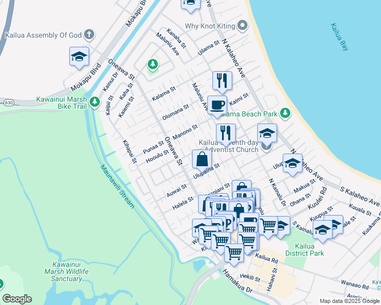 map of restaurants, bars, coffee shops, grocery stores, and more near 433 Hualani Street in Kailua