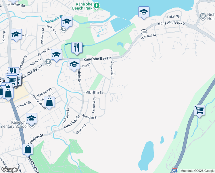 map of restaurants, bars, coffee shops, grocery stores, and more near 45-224 Hikiwale Street in Kaneohe