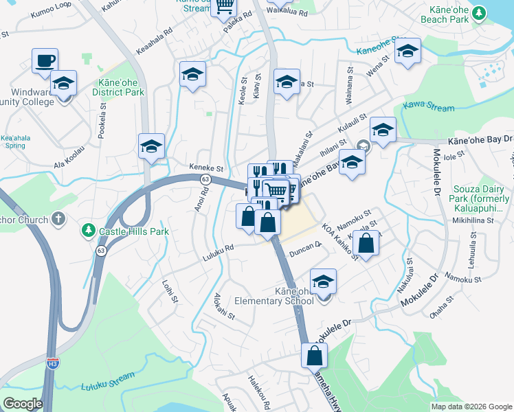 map of restaurants, bars, coffee shops, grocery stores, and more near 45-618 Kamehameha Highway in Kaneohe