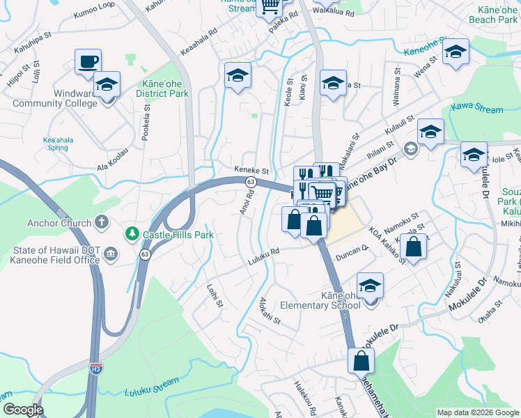 map of restaurants, bars, coffee shops, grocery stores, and more near 45-659 Uhilehua Place in Kaneohe