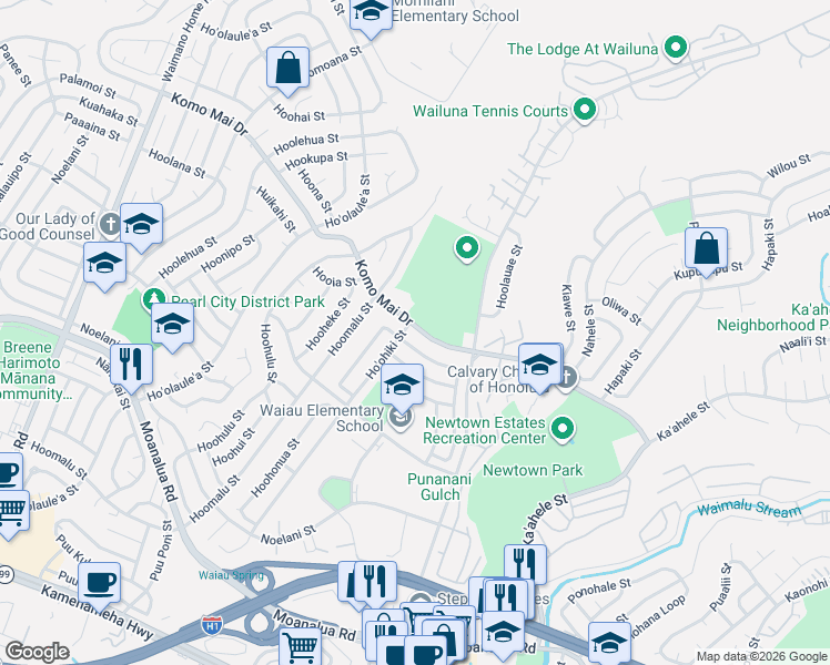 map of restaurants, bars, coffee shops, grocery stores, and more near 98-1148 Komo Mai Drive in Pearl City