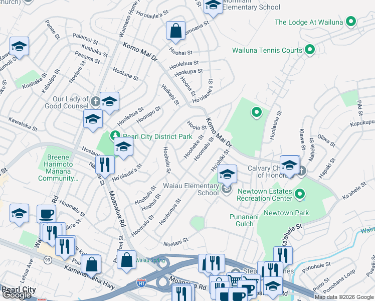 map of restaurants, bars, coffee shops, grocery stores, and more near 1611 Hoohiamoe Street in Pearl City