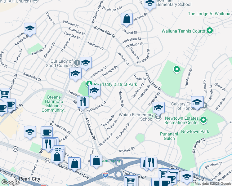 map of restaurants, bars, coffee shops, grocery stores, and more near 1559 Hoohulu Street in Pearl City
