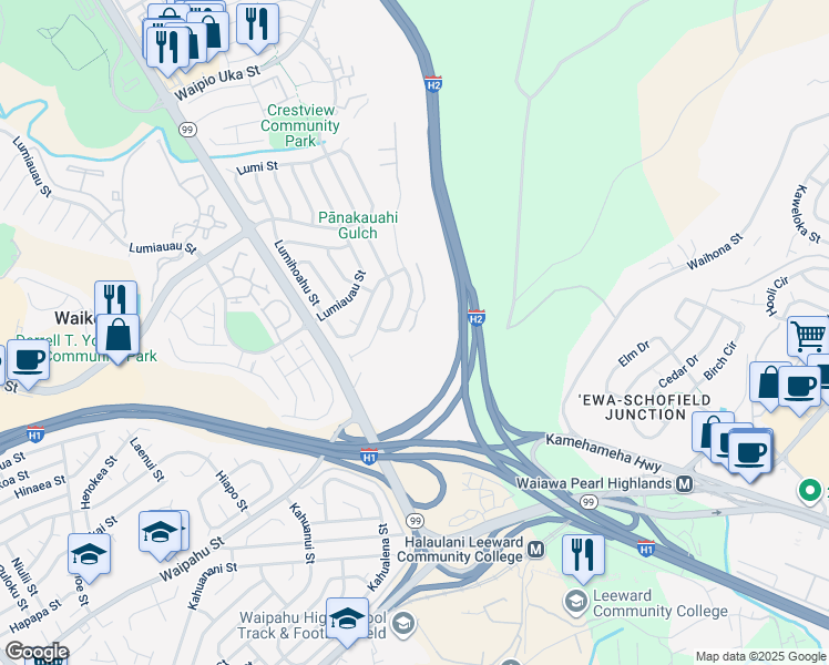 map of restaurants, bars, coffee shops, grocery stores, and more near 94-977 Lumihoahu Street in Waipahu
