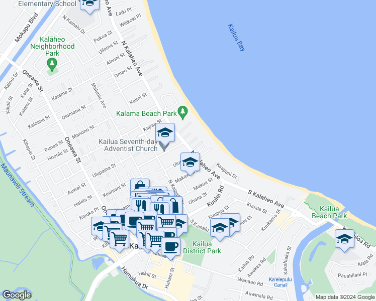 map of restaurants, bars, coffee shops, grocery stores, and more near 161 North Kalaheo Avenue in Kailua