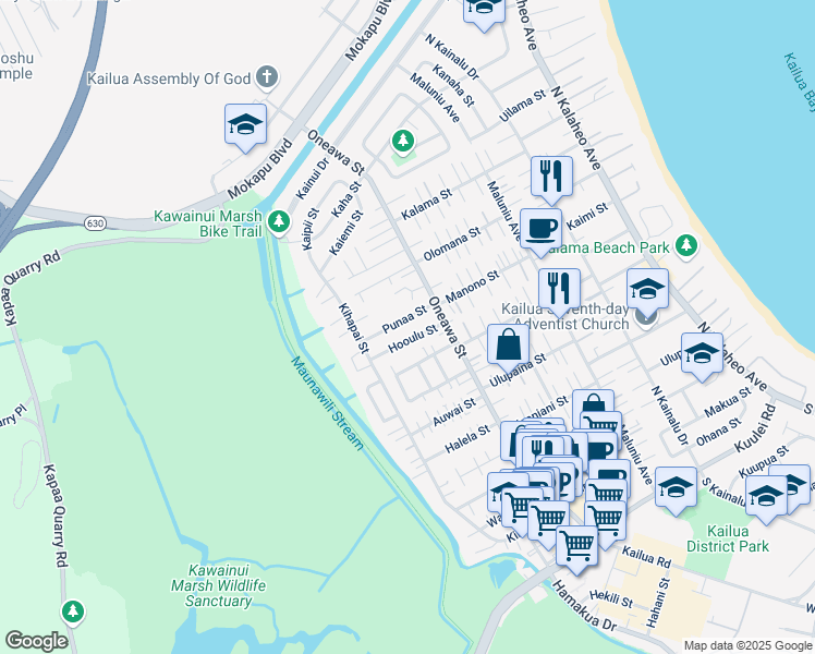 map of restaurants, bars, coffee shops, grocery stores, and more near 546 Hooulu Street in Kailua