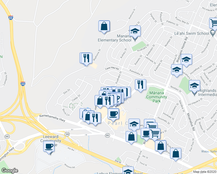 map of restaurants, bars, coffee shops, grocery stores, and more near 1345 Kipaipai Street in Pearl City