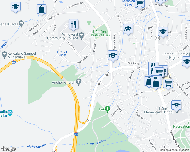 map of restaurants, bars, coffee shops, grocery stores, and more near 45-111 Puupele Place in Kaneohe