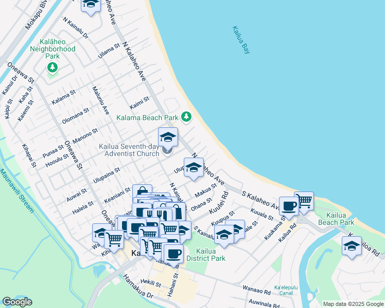 map of restaurants, bars, coffee shops, grocery stores, and more near 152 North Kalaheo Avenue in Kailua