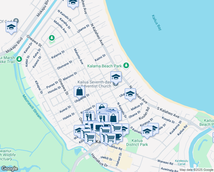 map of restaurants, bars, coffee shops, grocery stores, and more near 231 Aumoe Road in Kailua