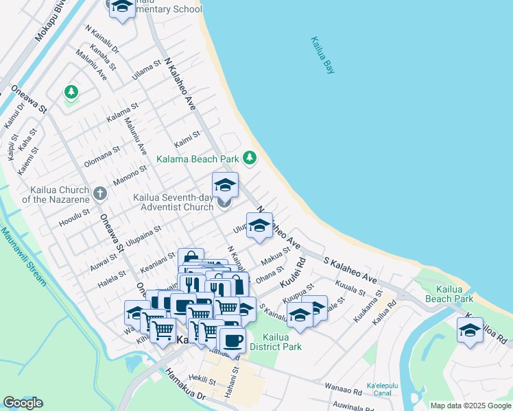 map of restaurants, bars, coffee shops, grocery stores, and more near 163 North Kalaheo Avenue in Kailua