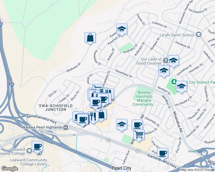 map of restaurants, bars, coffee shops, grocery stores, and more near 1137 Palekaiko Street in Pearl City