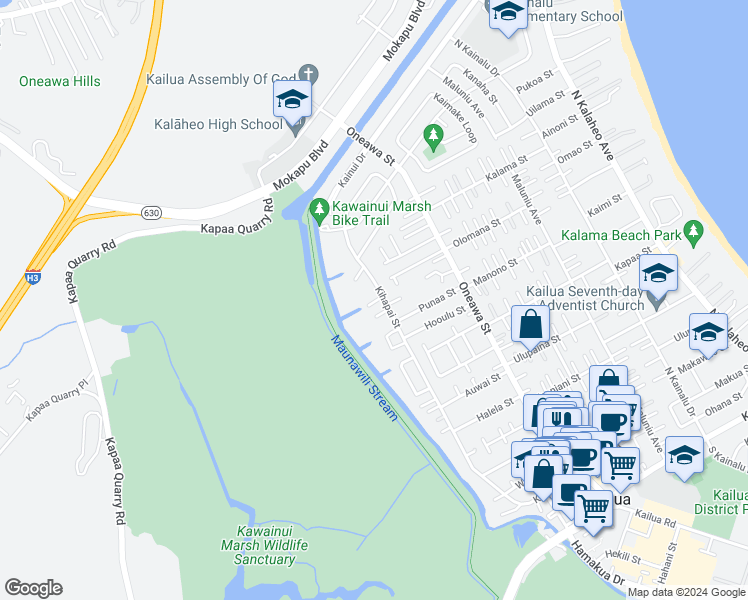 map of restaurants, bars, coffee shops, grocery stores, and more near 691 Kihapai Street in Kailua