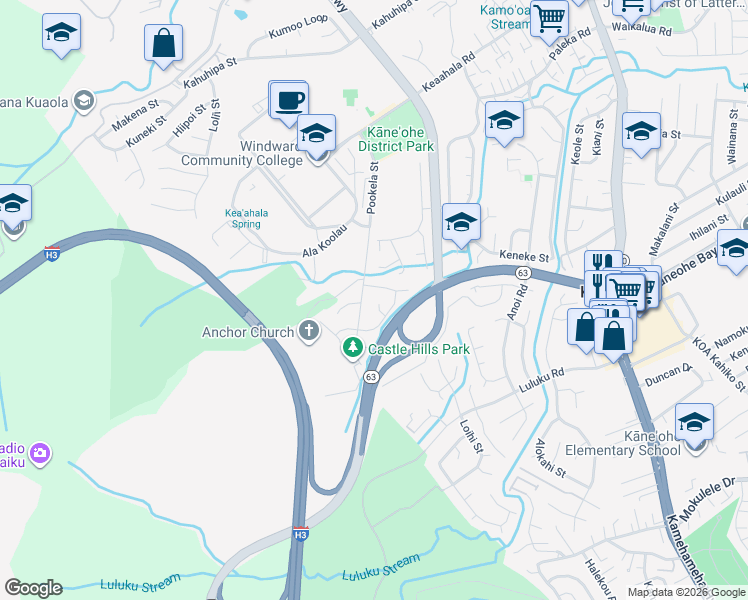 map of restaurants, bars, coffee shops, grocery stores, and more near 45-115 Puupele Place in Kaneohe