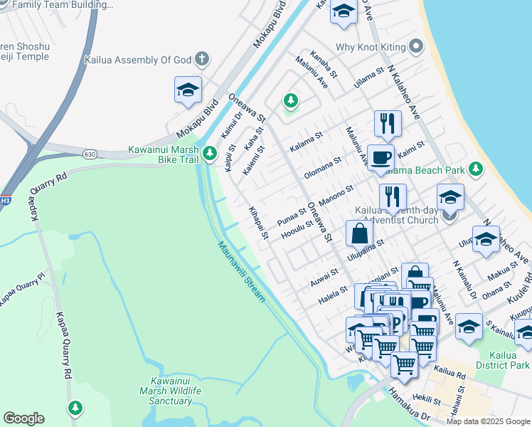 map of restaurants, bars, coffee shops, grocery stores, and more near 628 Punaa Street in Kailua