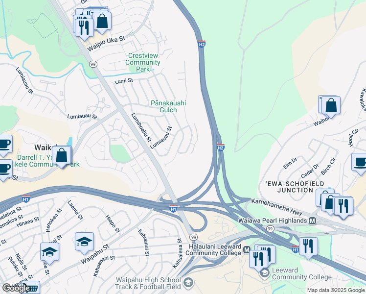 map of restaurants, bars, coffee shops, grocery stores, and more near 94-977 Lumihoahu Street in Waipahu